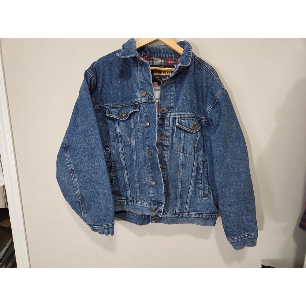 Guide Gear Mens XL Denim Trucker Jacket Plaid Flannel Lined Blue Cotton Workwear